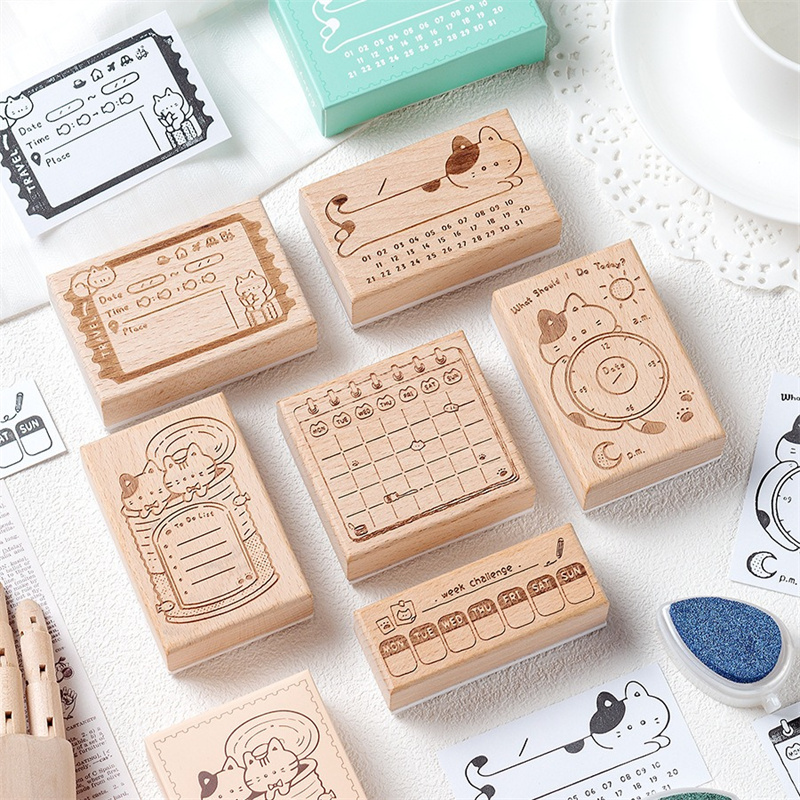 Rubber Date Stamp - Cute Cat Wooden Rubber Stamp Monthly